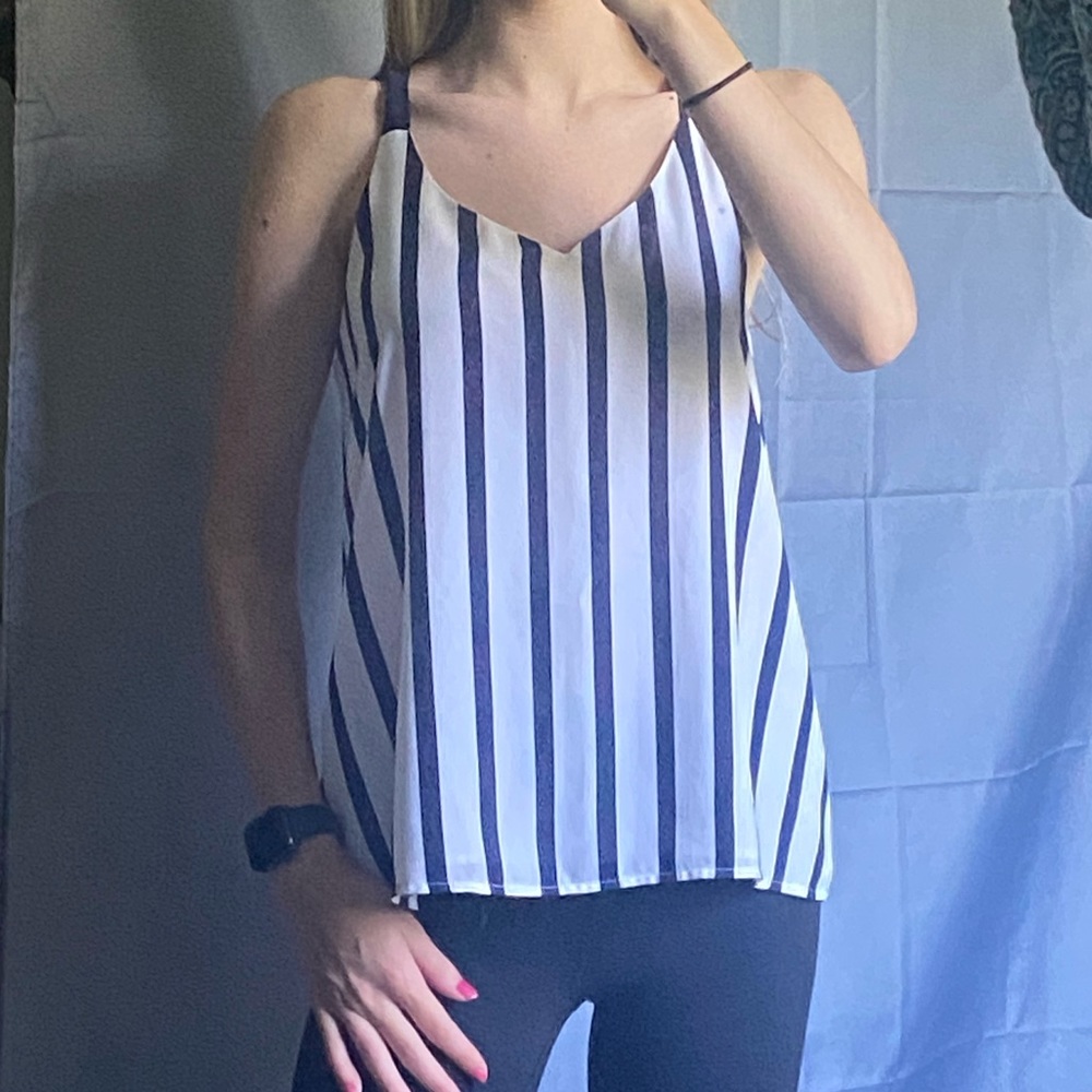 Dalia Small White And Navy Blue Striped Tank Top Shirt